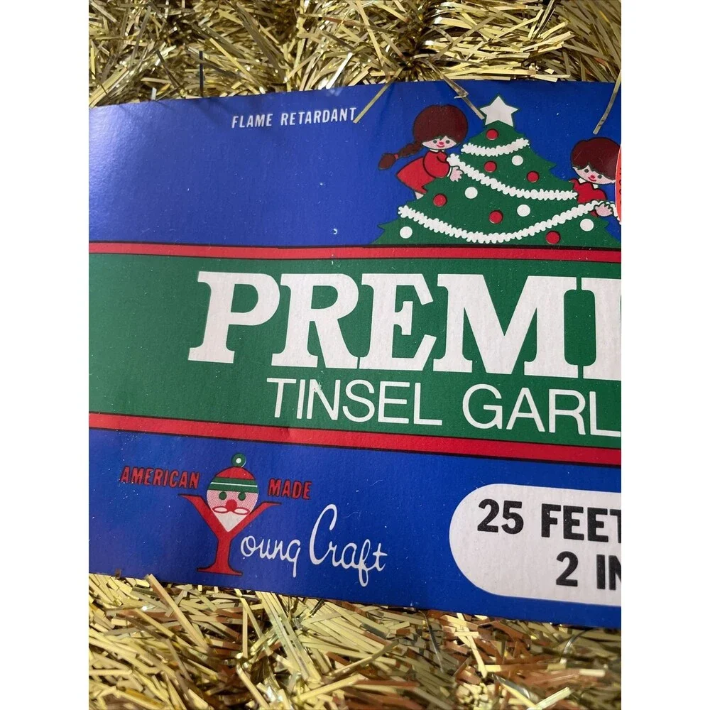 25 Feet NOS Gold Christmas Tinsel Garland Premium Christmas Made USA 2” New Old